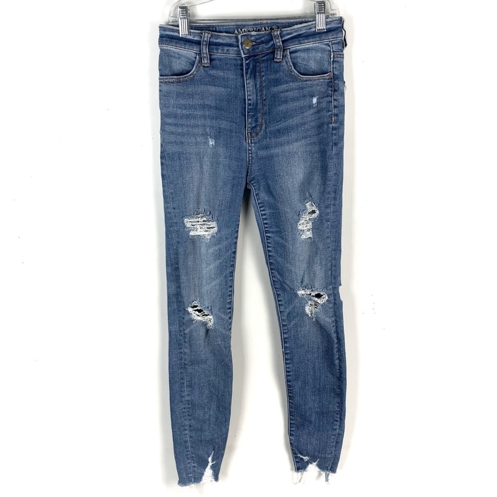 American Eagle Highest Rise Super Stretch X Distressed Raw Hem Jeggings - Picture 1 of 8